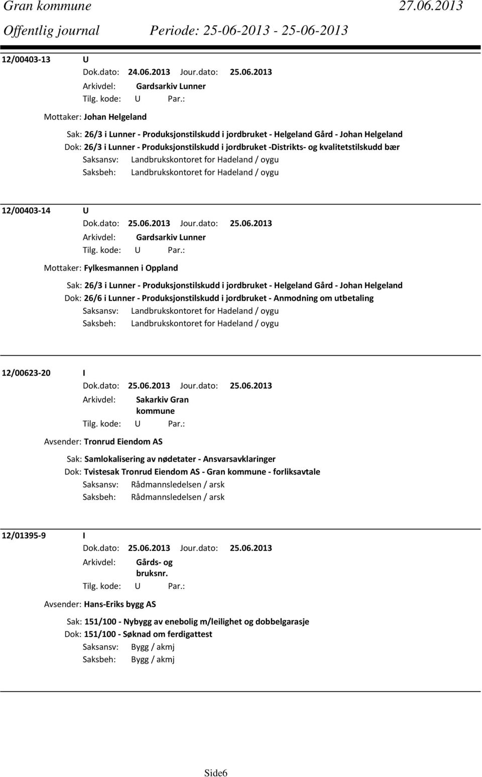 jordbruket Distrikts og kvalitetstilskudd bær Saksansv: Landbrukskontoret for Hadeland / oygu Saksbeh: Landbrukskontoret for Hadeland / oygu 12/00403 14 U Arkivdel: Gardsarkiv Lunner Mottaker: