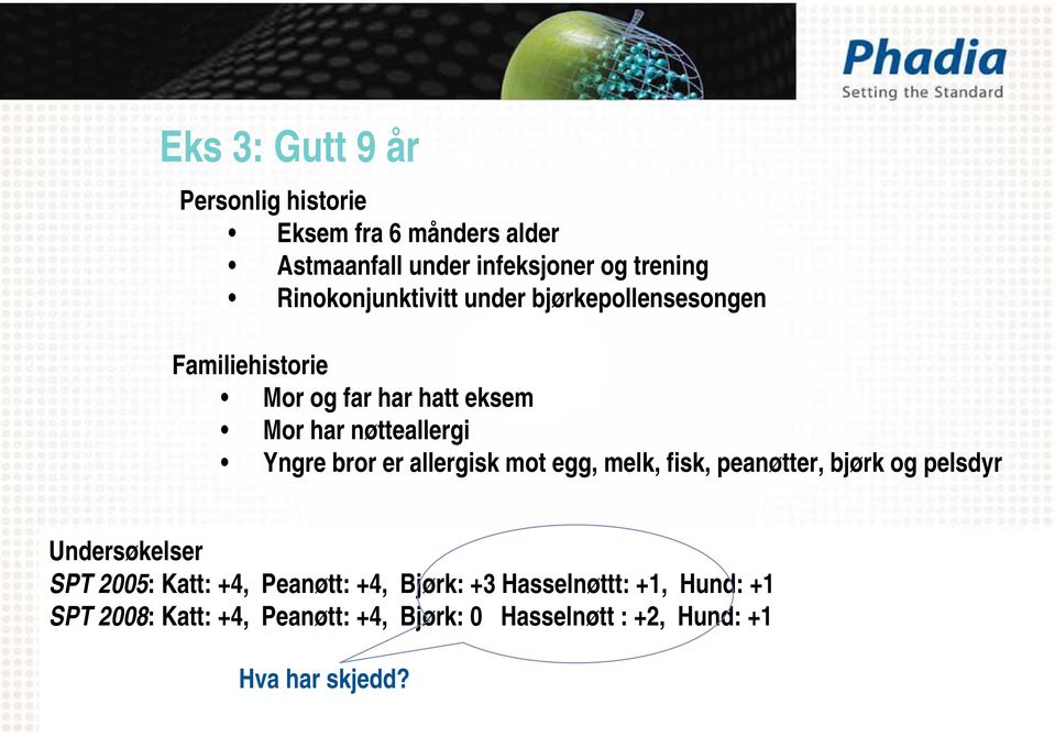 Yngre bror er allergisk mot egg, melk, fisk, peanøtter, bjørk og pelsdyr Undersøkelser SPT 2005: Katt: +4,