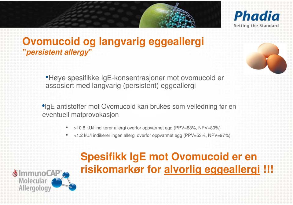 eventuell matprovokasjon >10.8 ku/l indikerer allergi overfor oppvarmet egg (PPV=88%, NPV=80%) <1.