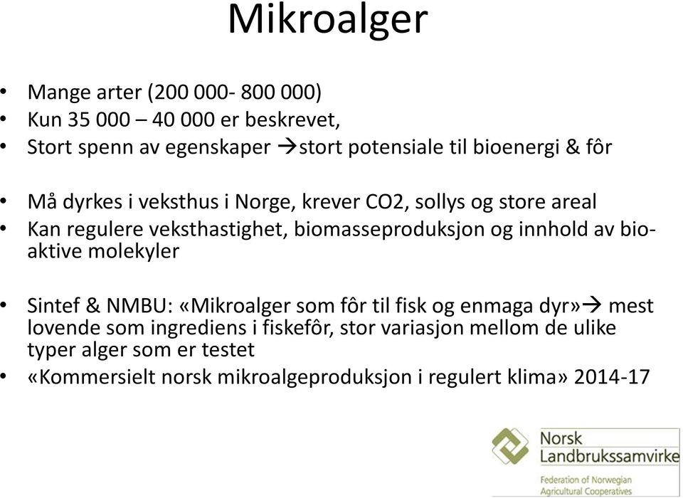 biomasseproduksjon og innhold av bioaktive molekyler Sintef & NMBU: «Mikroalger som fôr til fisk og enmaga dyr» mest lovende