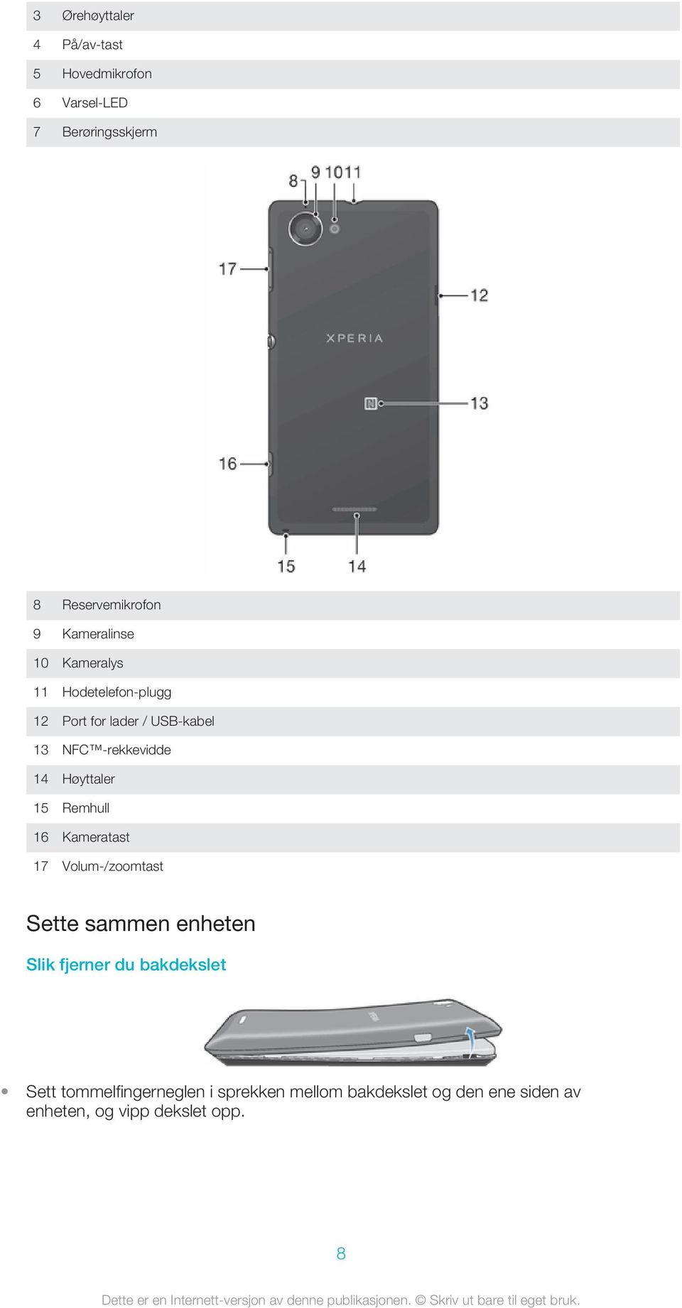 Høyttaler 15 Remhull 16 Kameratast 17 Volum-/zoomtast Sette sammen enheten Slik fjerner du