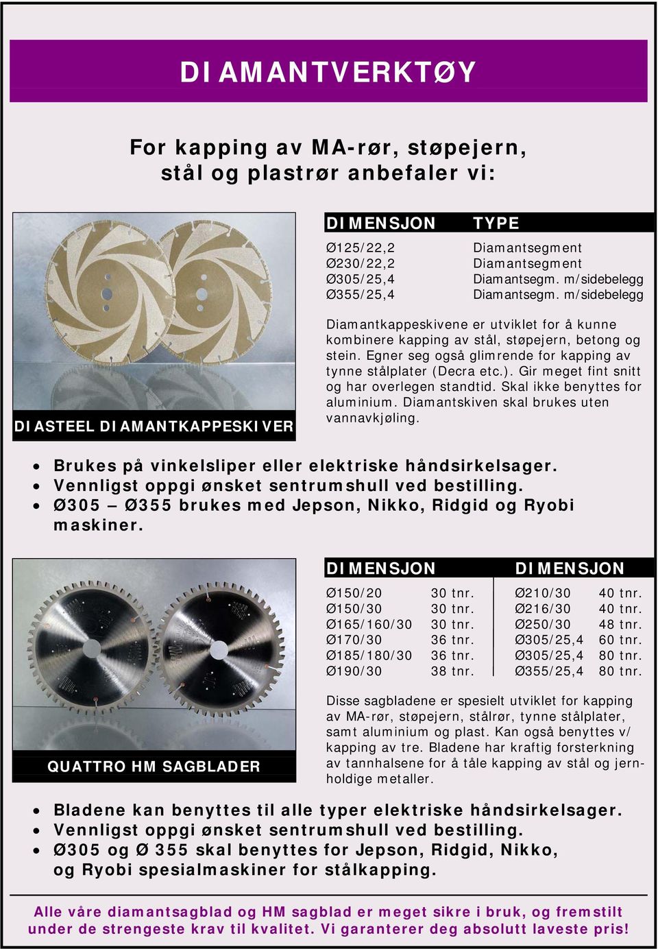 Egner seg også glimrende for kapping av tynne stålplater (Decra etc.). Gir meget fint snitt og har overlegen standtid. Skal ikke benyttes for aluminium. Diamantskiven skal brukes uten vannavkjøling.