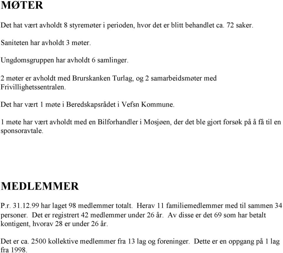 1 møte har vært avholdt med en Bilforhandler i Mosjøen, der det ble gjort forsøk på å få til en sponsoravtale. MEDLEMMER P.r. 31.12.99 har laget 98 medlemmer totalt.