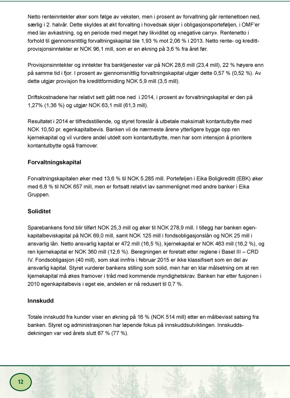 Rentenetto i forhold til gjennomsnittlig forvaltningskapital ble 1,93 % mot 2,06 % i 2013. Netto rente- og kredittprovisjonsinntekter er NOK 96,1 mill, som er en økning på 3,6 % fra året før.