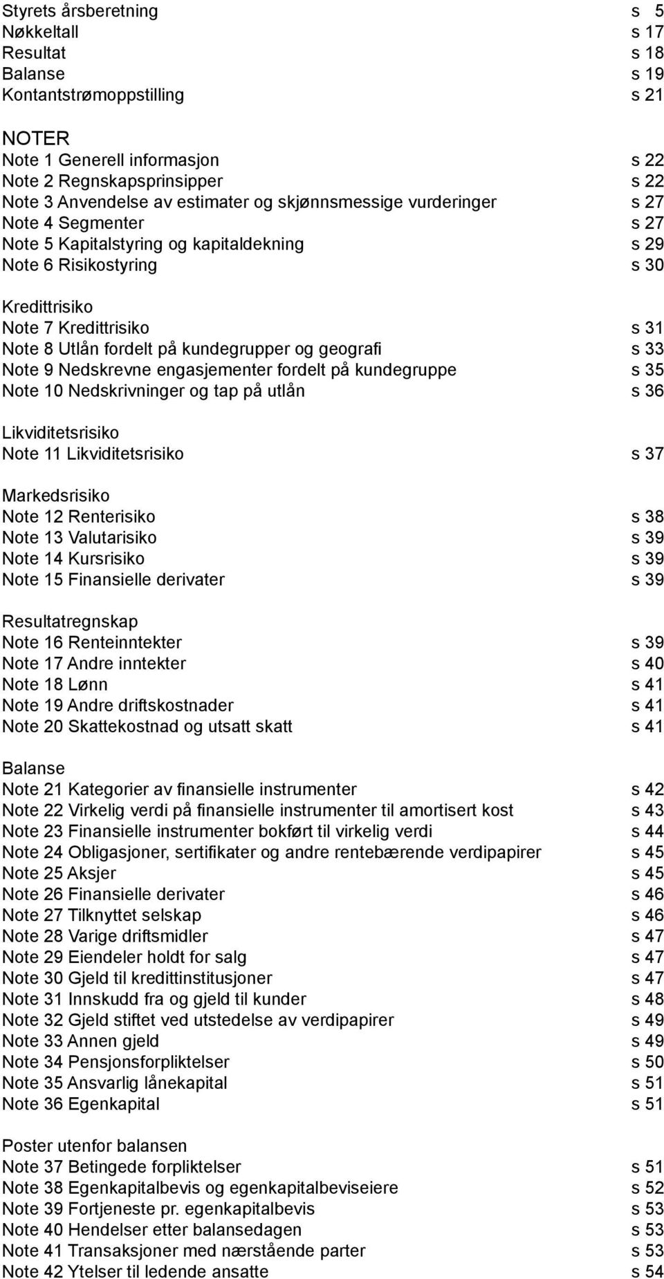 kundegrupper og geografi s 33 Note 9 Nedskrevne engasjementer fordelt på kundegruppe s 35 Note 10 Nedskrivninger og tap på utlån s 36 Likviditetsrisiko Note 11 Likviditetsrisiko s 37 Markedsrisiko