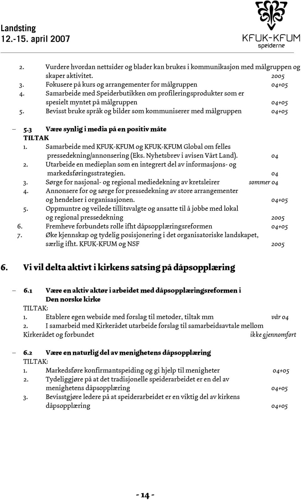 3 Være synlig i media på en positiv måte TILTAK 1. Samarbeide med KFUK-KFUM og KFUK-KFUM Global om felles pressedekning/annonsering (Eks. Nyhetsbrev i avisen Vårt Land). 04 2.