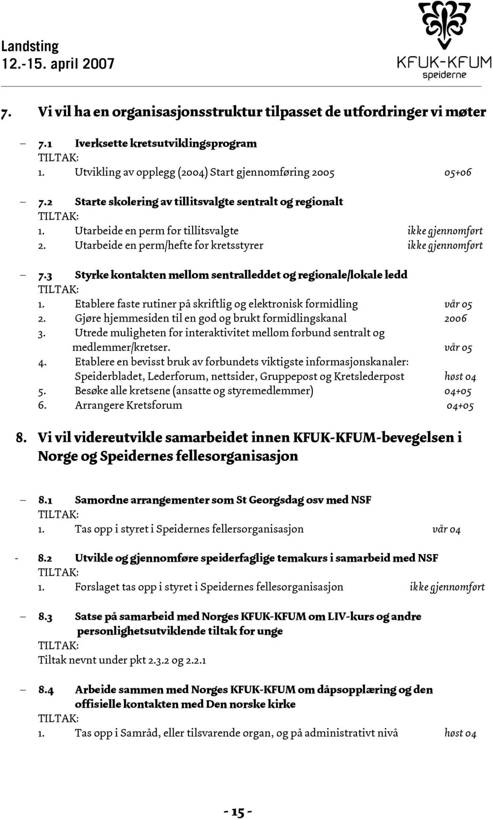 3 Styrke kontakten mellom sentralleddet og regionale/lokale ledd TILTAK: 1. Etablere faste rutiner på skriftlig og elektronisk formidling vår 05 2.