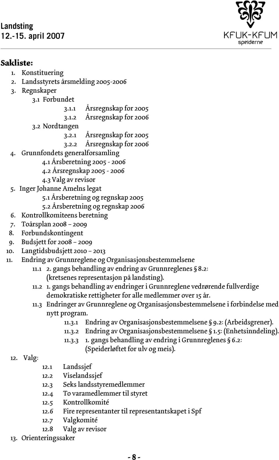 2 Årsberetning og regnskap 2006 6. Kontrollkomiteens beretning 7. Toårsplan 2008 2009 8. Forbundskontingent 9. Budsjett for 2008 2009 10. Langtidsbudsjett 2010 2013 11.