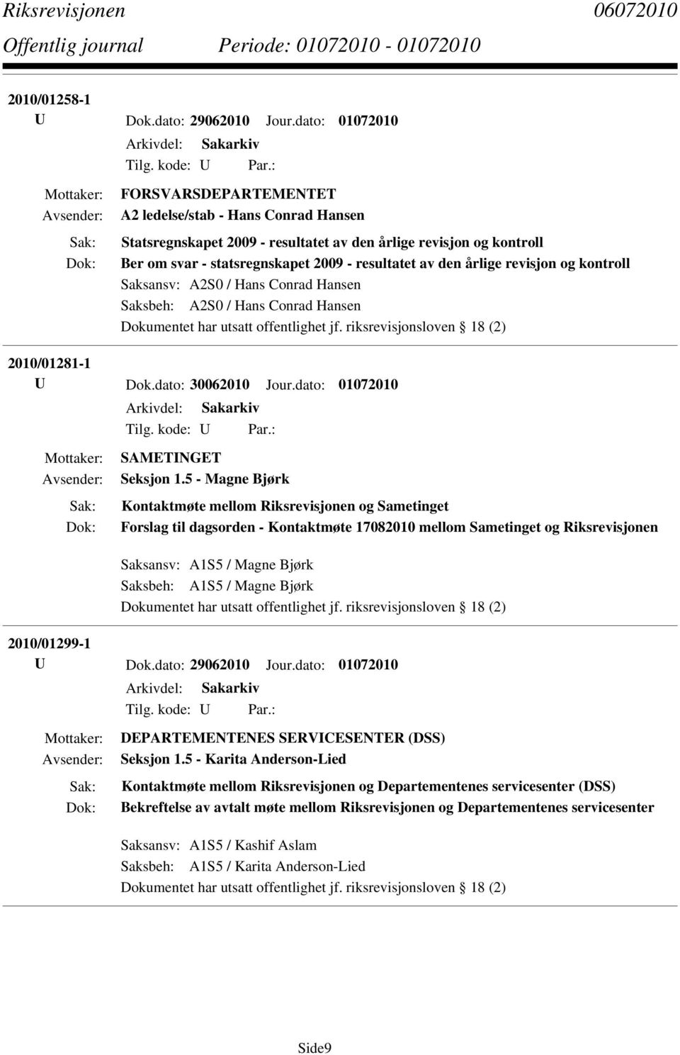 5 - Magne Bjørk Kontaktmøte mellom Riksrevisjonen og Sametinget Forslag til dagsorden - Kontaktmøte 17082010 mellom Sametinget og Riksrevisjonen Saksansv: A1S5 / Magne Bjørk Saksbeh: A1S5 / Magne