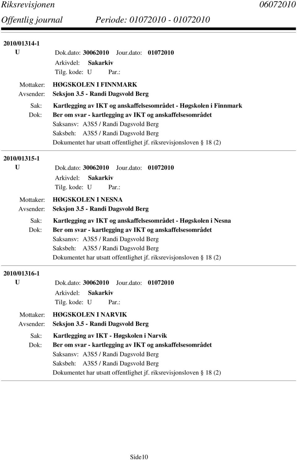 Randi Dagsvold Berg 2010/01315-1 U Dok.dato: 30062010 Jour.dato: 01072010 HØGSKOLEN I NESNA Seksjon 3.