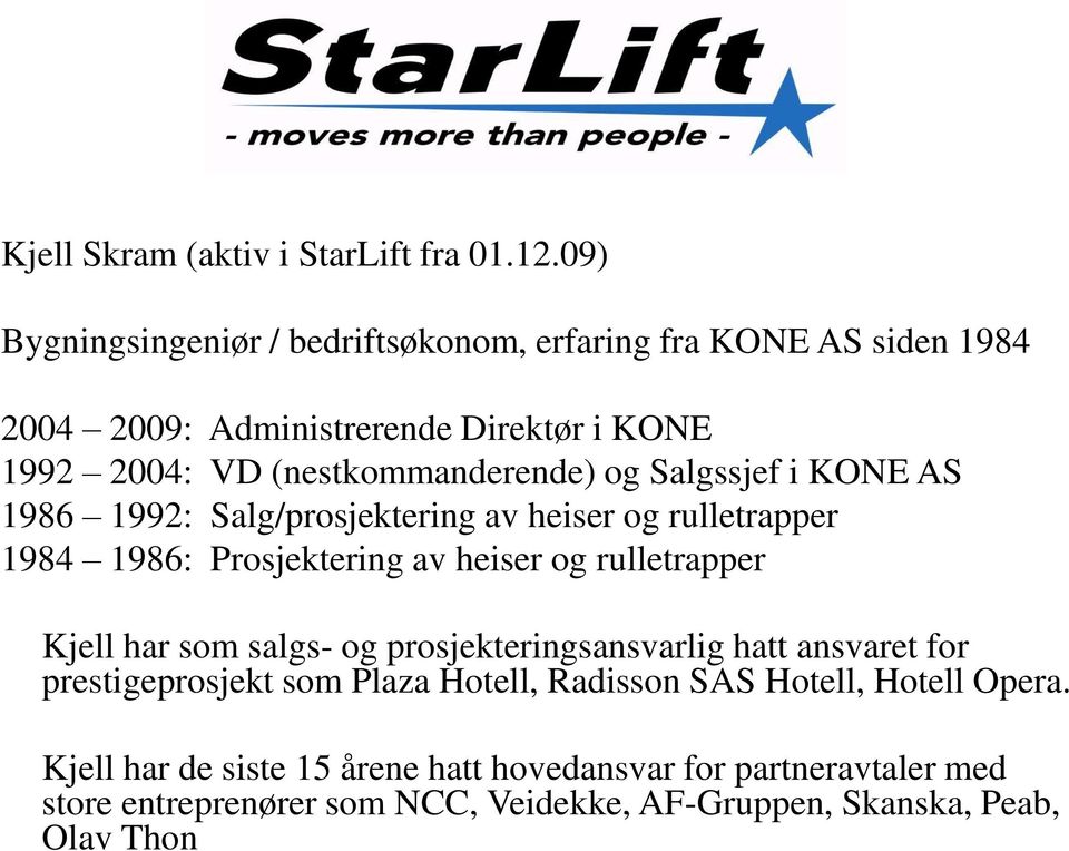 og Salgssjef i KONE AS 1986 1992: Salg/prosjektering av heiser og rulletrapper 1984 1986: Prosjektering av heiser og rulletrapper Kjell har som