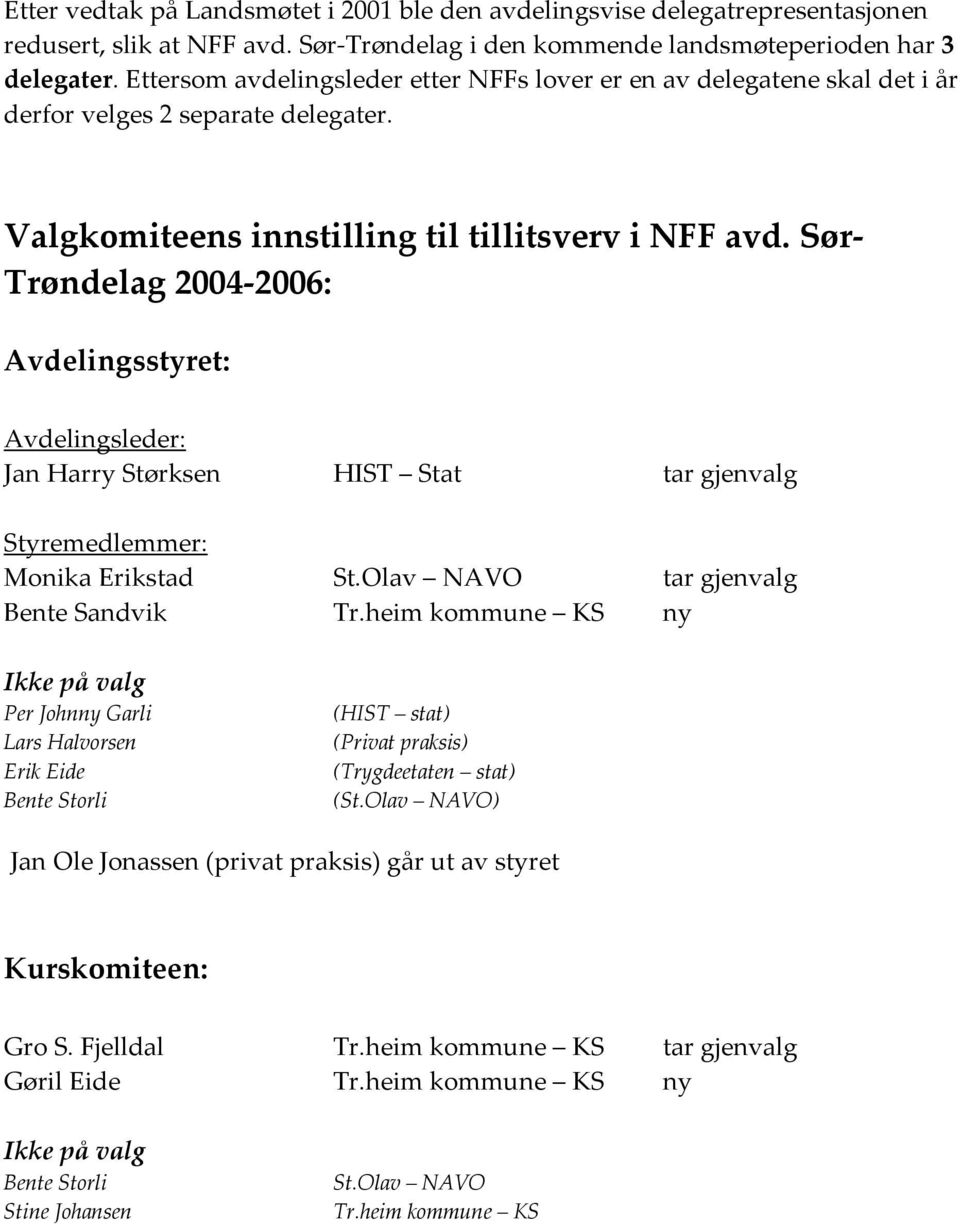 Sør Trøndelag 2004 2006: Avdelingsstyret: Avdelingsleder: Jan Harry Størksen HIST Stat tar gjenvalg Styremedlemmer: Monika Erikstad St.Olav NAVO tar gjenvalg Bente Sandvik Tr.