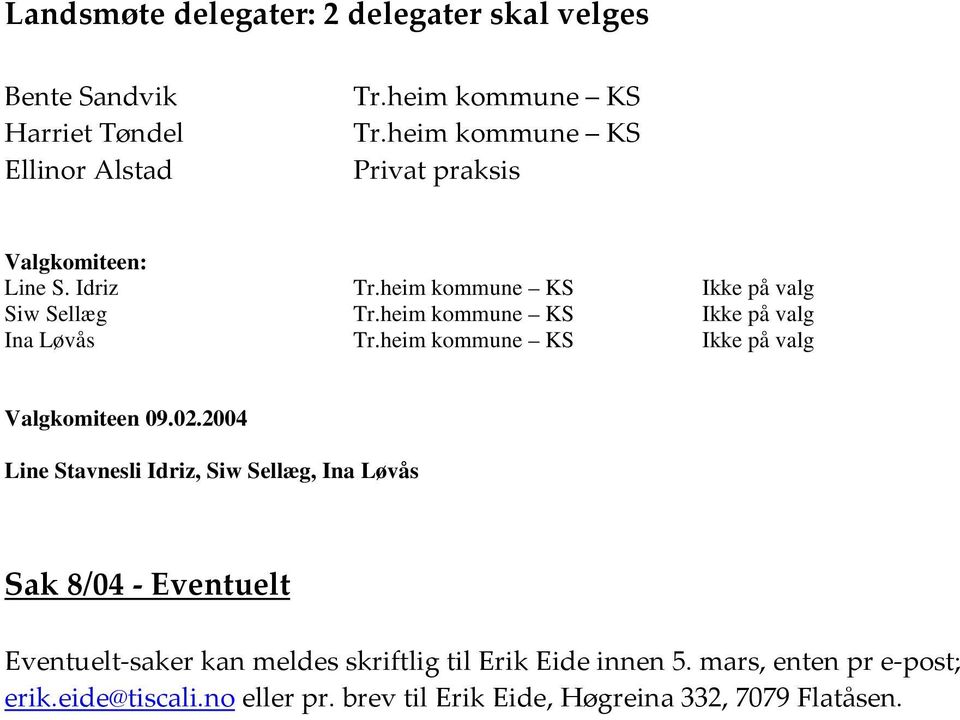 heim kommune KS Ikke på valg Ina Løvås Tr.heim kommune KS Ikke på valg Valgkomiteen 09.02.