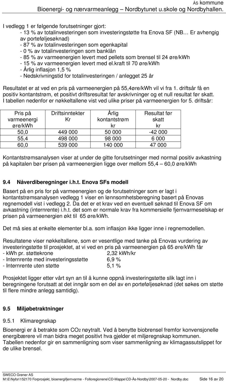 kraft til 70 øre/kwh - Årlig inflasjon 1,5 % - Nedskrivningstid for totalinvesteringen / anlegget 25 år Resultatet er at ved en pris på varmeenergien på 55,4øre/kWh vil vi fra 1.