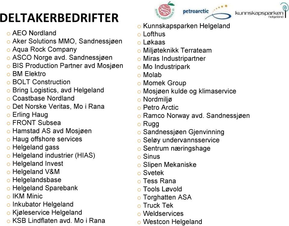 Hamstad AS avd Mosjøen o Haug offshore services o Helgeland gass o Helgeland industrier (HIAS) o Helgeland Invest o Helgeland V&M o Helgelandsbase o Helgeland Sparebank o IKM Minic o Inkubator