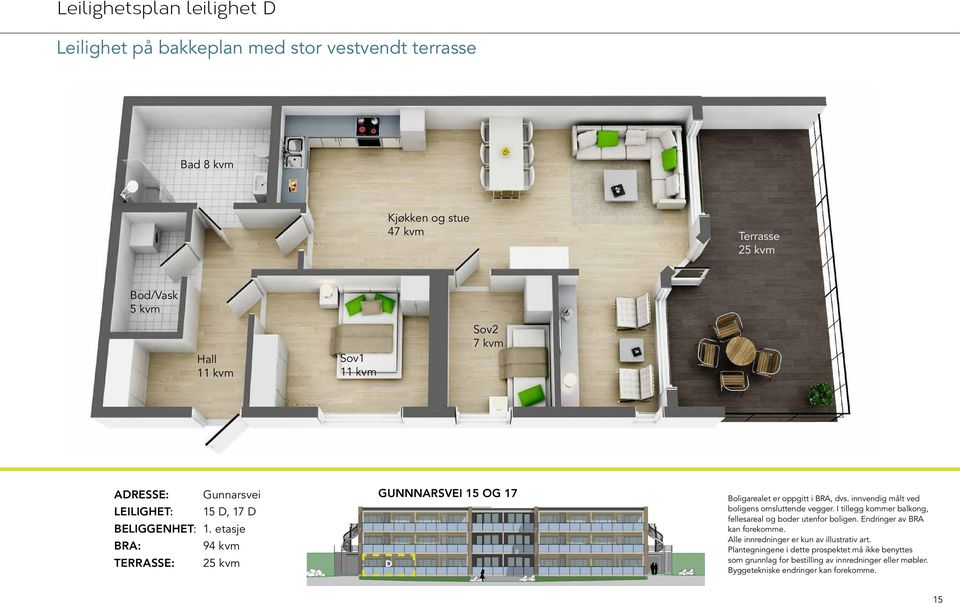 innvendig målt ved boligens omsluttende vegger. I tillegg kommer balkong, fellesareal og boder utenfor boligen. Endringer av BRA kan forekomme.