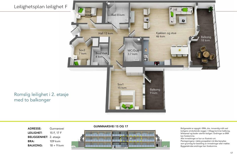 etasje BRA: 109 kvm BALKONG: 18 + 9 kvm GUNNNARSVEI 15 OG 17 F Boligarealet er oppgitt i BRA, dvs. innvendig målt ved boligens omsluttende vegger.