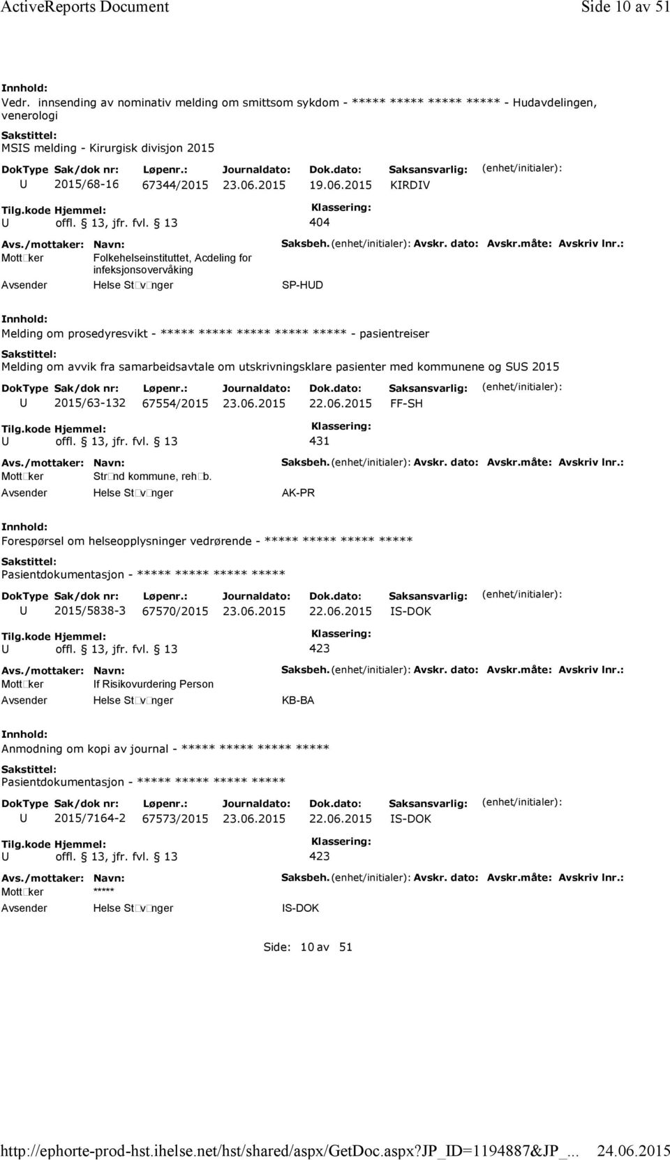 2015 KRDV 404 Mottaker Folkehelseinstituttet, Acdeling for infeksjonsovervåking Saksbeh. Avskr. dato: Avskr.måte: Avskriv lnr.