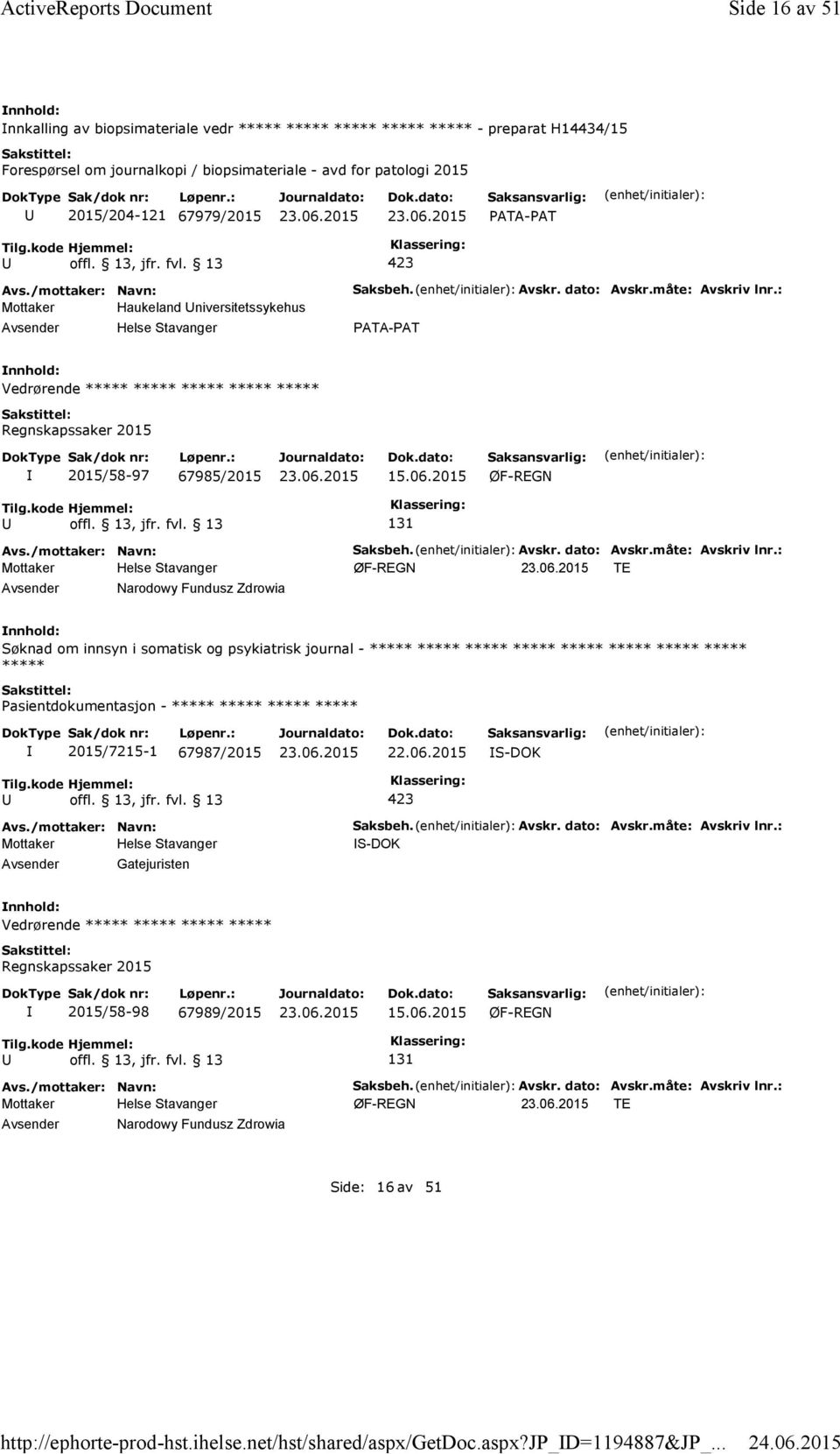 PATA-PAT Mottaker Haukeland niversitetssykehus Saksbeh. Avskr. dato: Avskr.måte: Avskriv lnr.: PATA-PAT Vedrørende ***** ***** ***** ***** ***** Regnskapssaker 2015 2015/58-97 67985/2015 15.06.