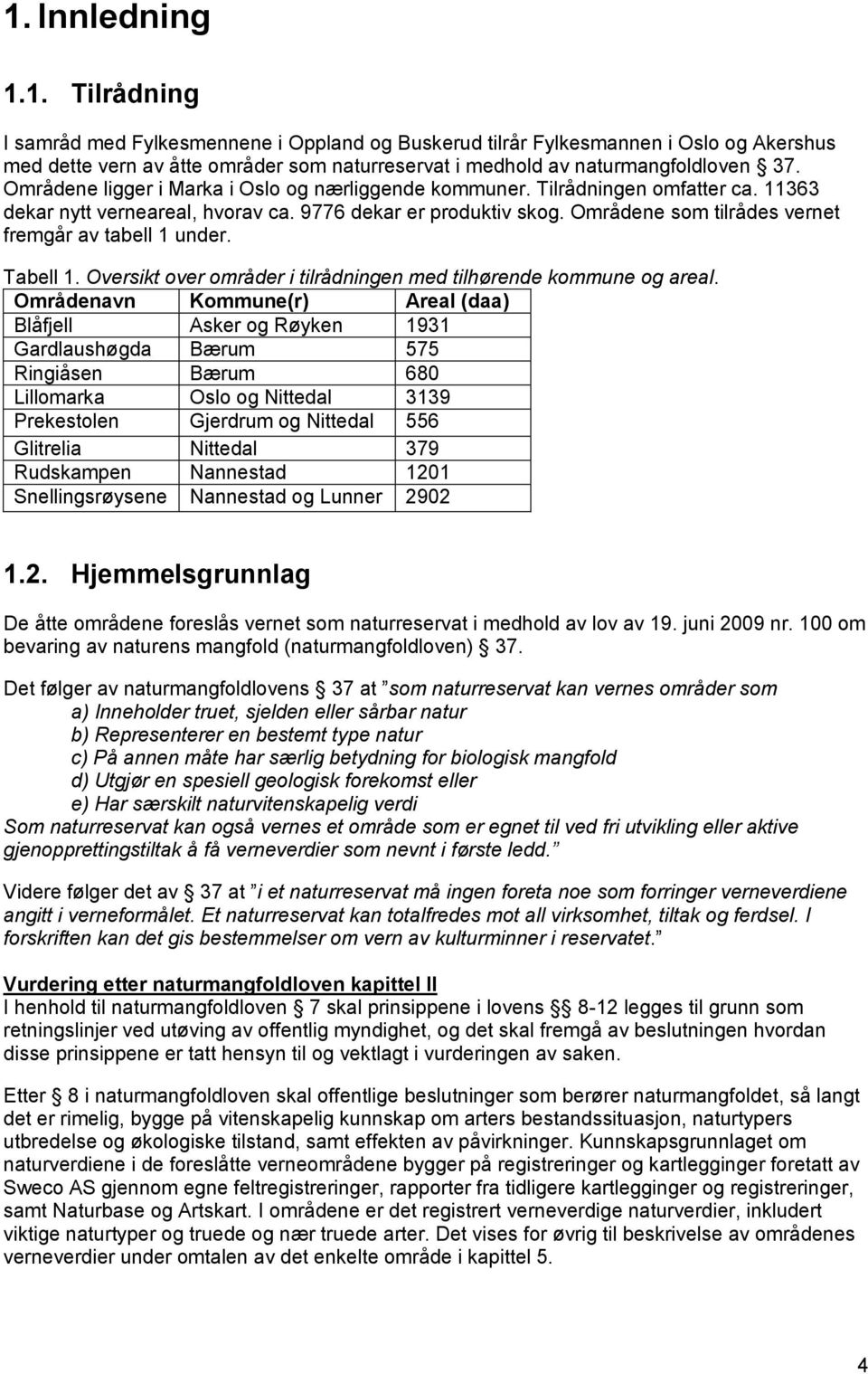 Områdene som tilrådes vernet fremgår av tabell 1 under. Tabell 1. Oversikt over områder i tilrådningen med tilhørende kommune og areal.