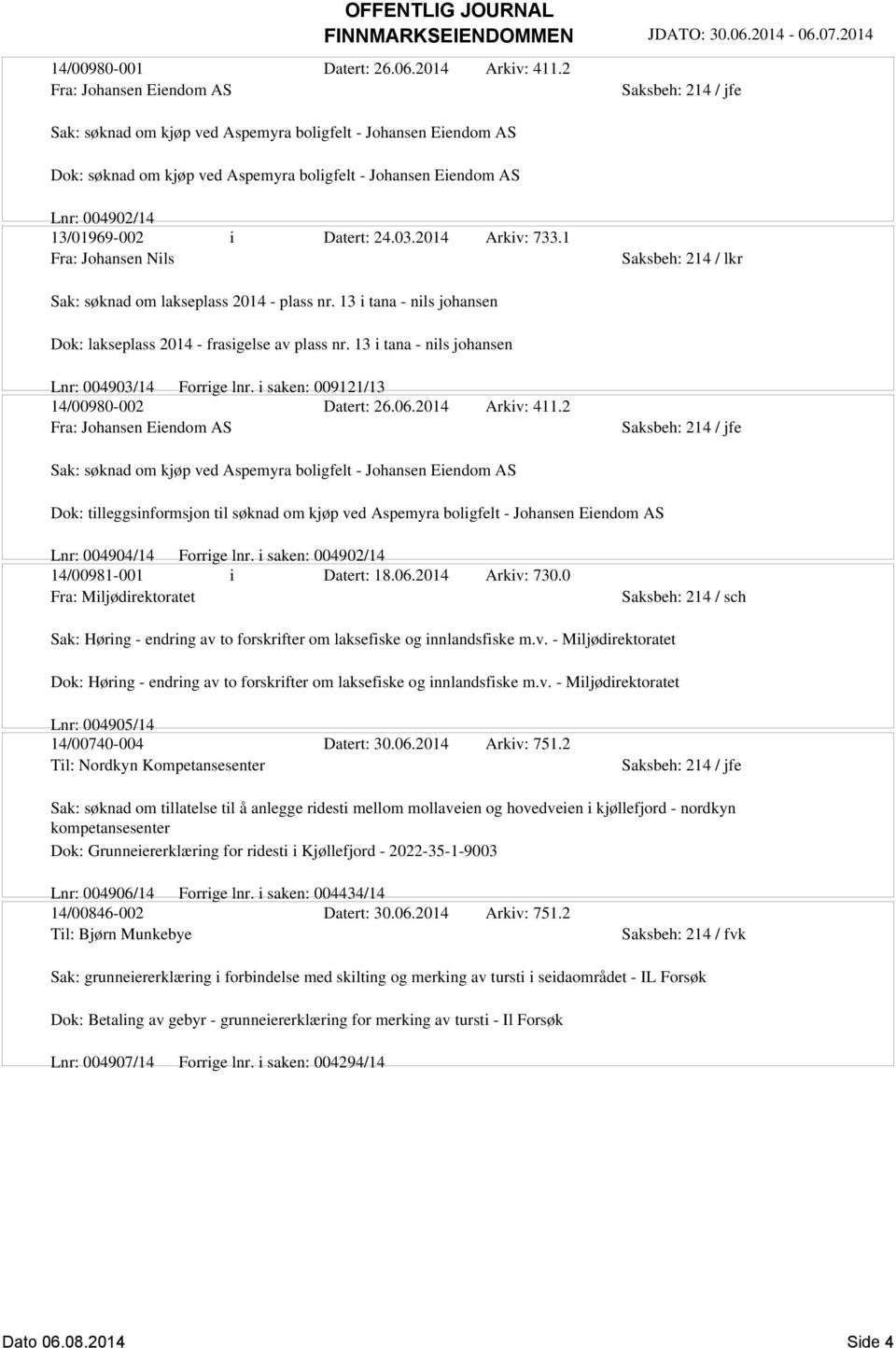 03.2014 Arkiv: 733.1 Fra: Johansen Nils Saksbeh: 214 / lkr Sak: søknad om lakseplass 2014 - plass nr. 13 i tana - nils johansen Dok: lakseplass 2014 - frasigelse av plass nr.