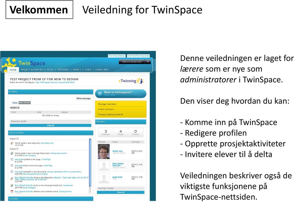 Den viser deg hvordan du kan: - Komme inn på TwinSpace - Redigere profilen -