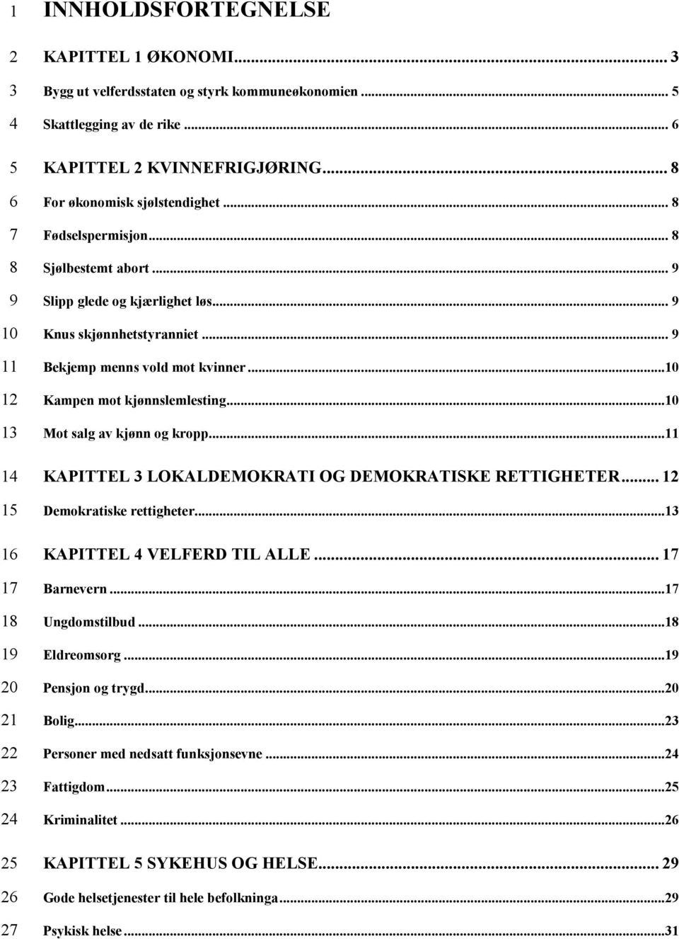 .. 9 Bekjemp menns vold mot kvinner...10 Kampen mot kjønnslemlesting...10 Mot salg av kjønn og kropp...11 KAPITTEL 3 LOKALDEMOKRATI OG DEMOKRATISKE RETTIGHETER... 12 Demokratiske rettigheter.