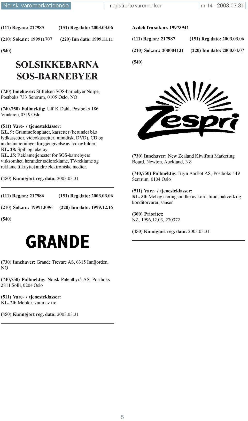 31 (220) Inn dato: 2000.04.07 (730) Innehaver: Stiftelsen SOS-barnebyer Norge, Postboks 733 Sentrum, 0105 Oslo, NO (740,750) Fullmektig: Ulf K Dahl, Postboks 186 Vinderen, 0319 Oslo KL.