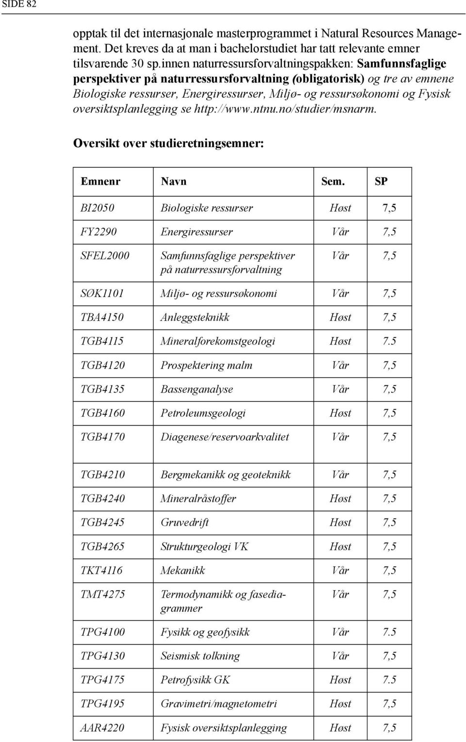 oversiktsplanlegging se http://www.ntnu.no/studier/msnarm. Oversikt over studieretningsemner: Emnenr Navn Sem.