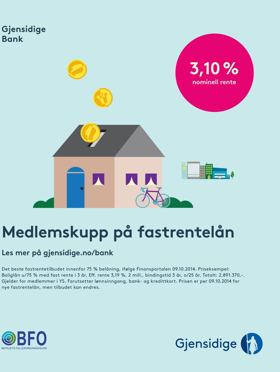 Priseksempel: Boliglån u/75 % med fast rente i 3 år, Eff. rente 3,19 %, 2 mill.