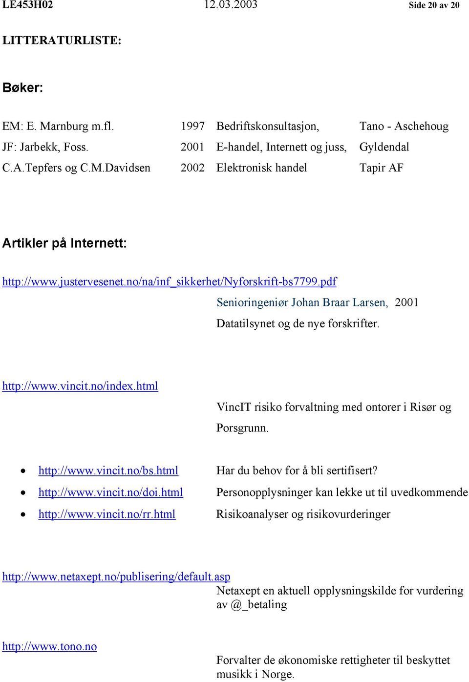 pdf Senioringeniør Johan Braar Larsen, 2001 Datatilsynet og de nye forskrifter. http://www.vincit.no/index.html VincIT risiko forvaltning med ontorer i Risør og Porsgrunn. http://www.vincit.no/bs.