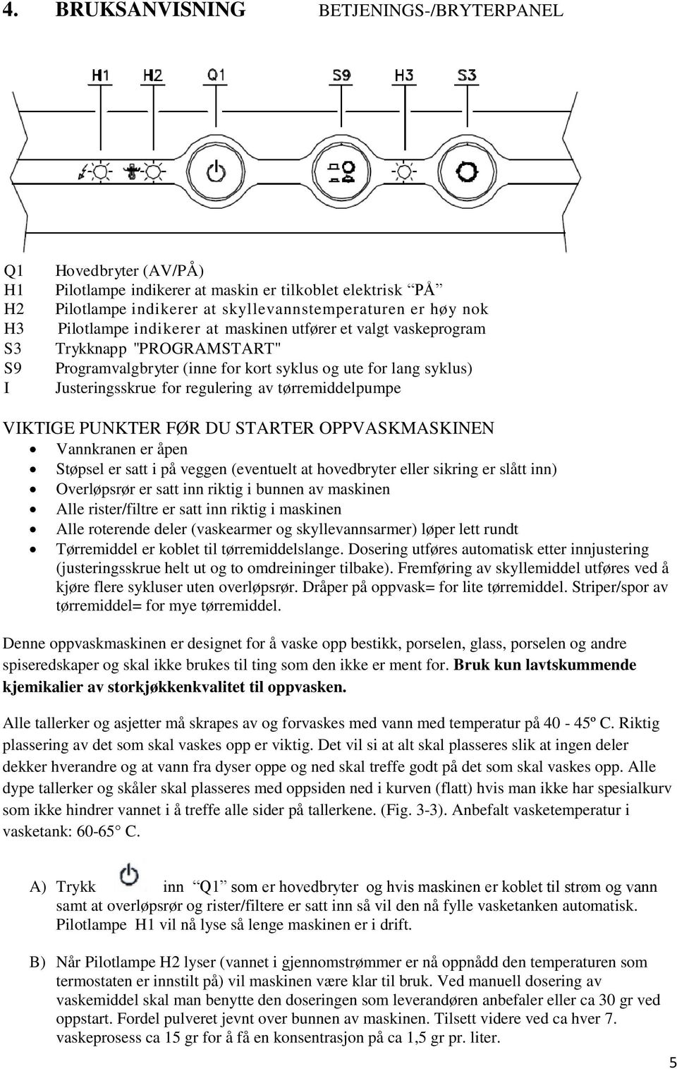 tørremiddelpumpe VIKTIGE PUNKTER FØR DU STARTER OPPVASKMASKINEN Vannkranen er åpen Støpsel er satt i på veggen (eventuelt at hovedbryter eller sikring er slått inn) Overløpsrør er satt inn riktig i