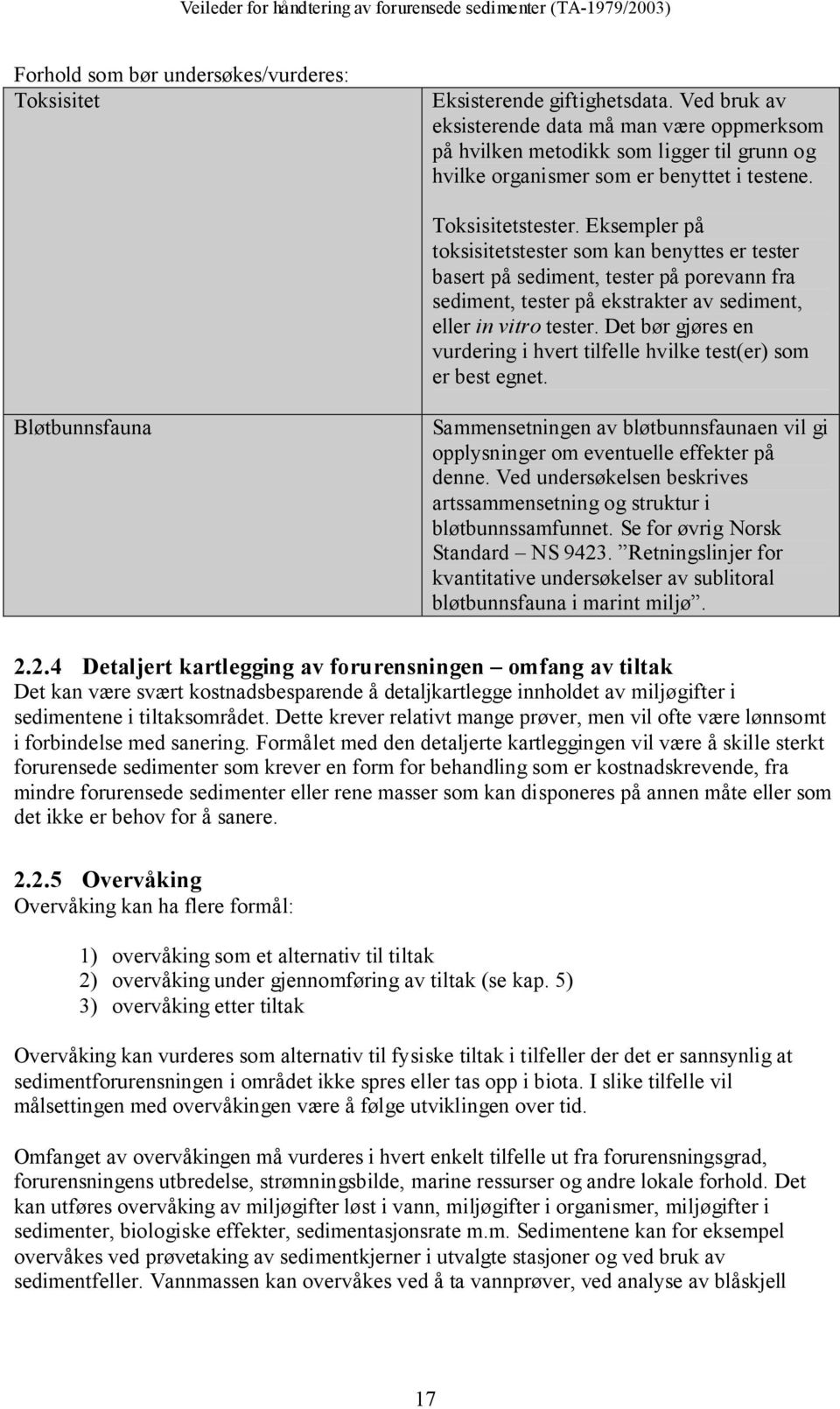 Eksempler på toksisitetstester som kan benyttes er tester basert på sediment, tester på porevann fra sediment, tester på ekstrakter av sediment, eller in vitro tester.