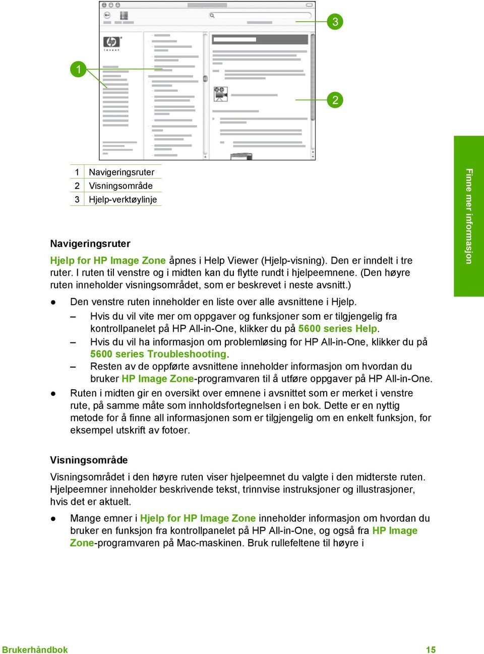 ) Den venstre ruten inneholder en liste over alle avsnittene i Hjelp.