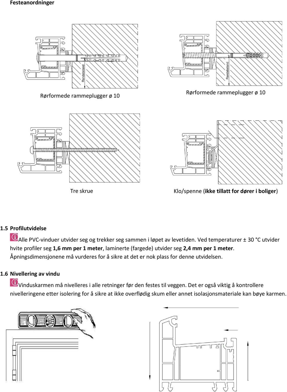 Ved temperaturer ± 30 C utvider hvite profiler seg 1,6 mm per 1 meter, laminerte (fargede) utvider seg 2,4 mm per 1 meter.