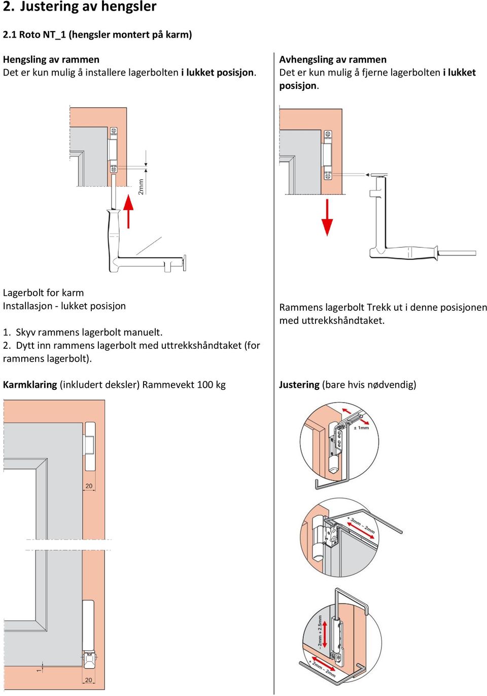 Avhengsling av rammen Det er kun mulig å fjerne lagerbolten i lukket posisjon. Lagerbolt for karm Installasjon - lukket posisjon 1.