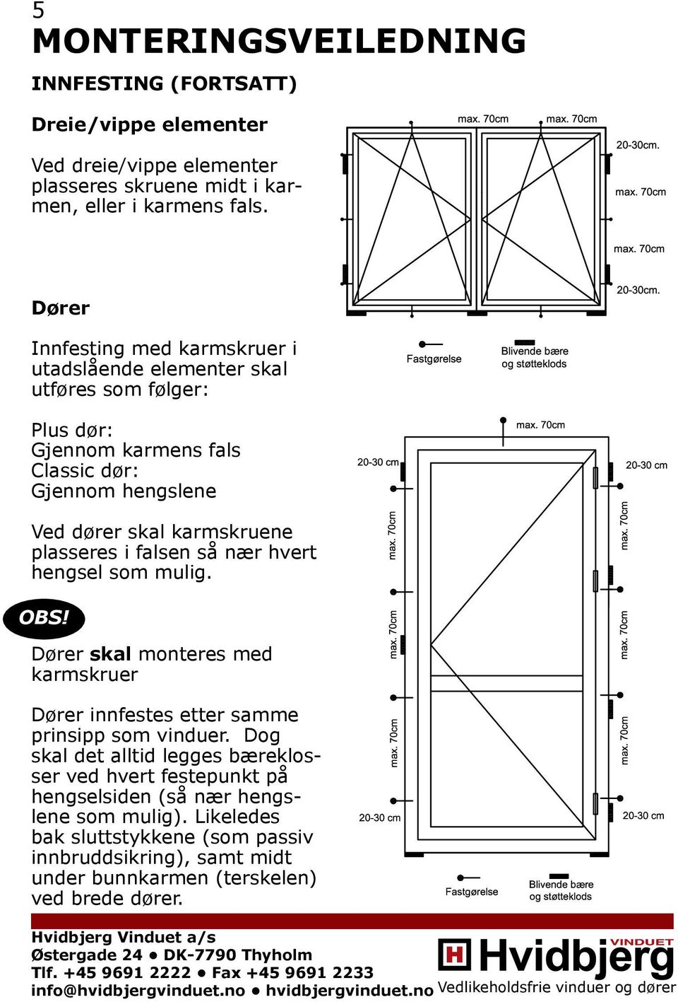 plasseres i falsen så nær hvert hengsel som mulig. OBS! Dører skal monteres med karmskruer Dører innfestes etter samme prinsipp som vinduer.