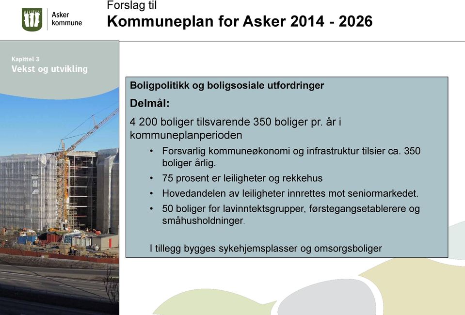 350 boliger årlig. 75 prosent er leiligheter og rekkehus Hovedandelen av leiligheter innrettes mot seniormarkedet.