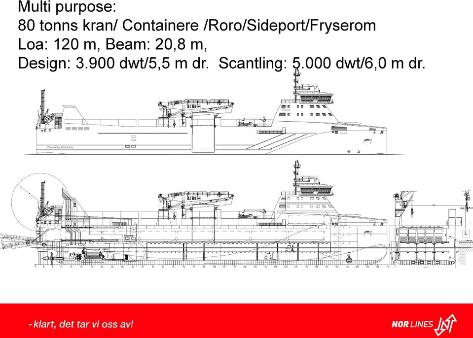 Loa: 120 m, Beam: 20,8 m, Design: 3.