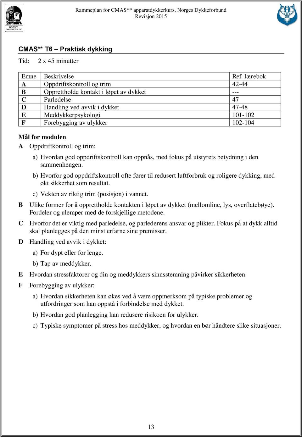 102-104 A Oppdriftkontroll og trim: a) Hvordan god oppdriftskontroll kan oppnås, med fokus på utstyrets betydning i den sammenhengen.