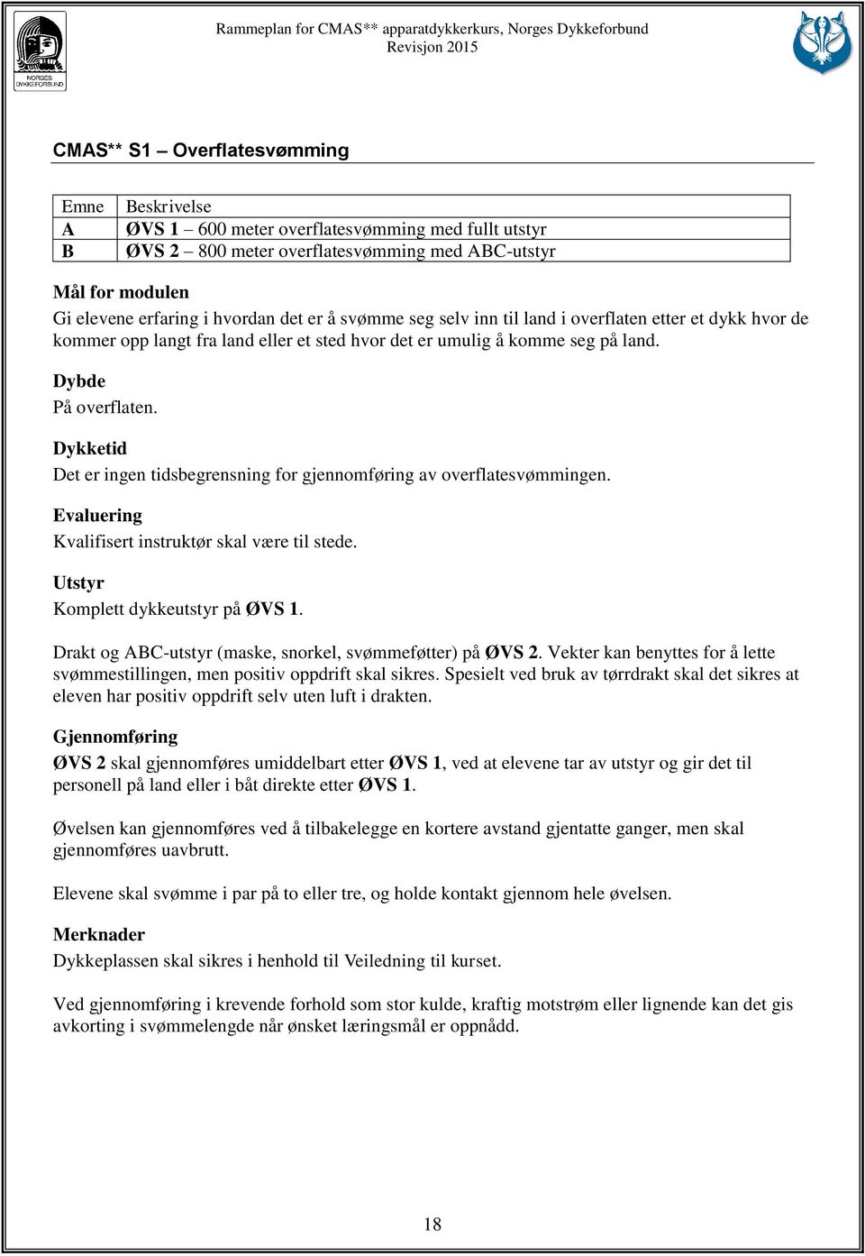 Dykketid Det er ingen tidsbegrensning for gjennomføring av overflatesvømmingen. Evaluering Kvalifisert instruktør skal være til stede. Utstyr Komplett dykkeutstyr på ØVS 1.