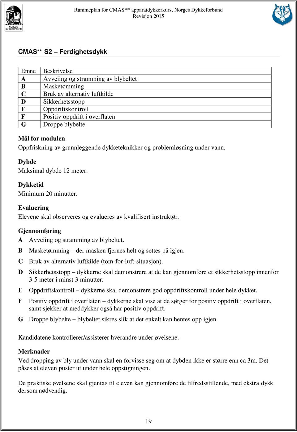 Evaluering Elevene skal observeres og evalueres av kvalifisert instruktør. Gjennomføring A Avveiing og stramming av blybeltet. B Masketømming der masken fjernes helt og settes på igjen.