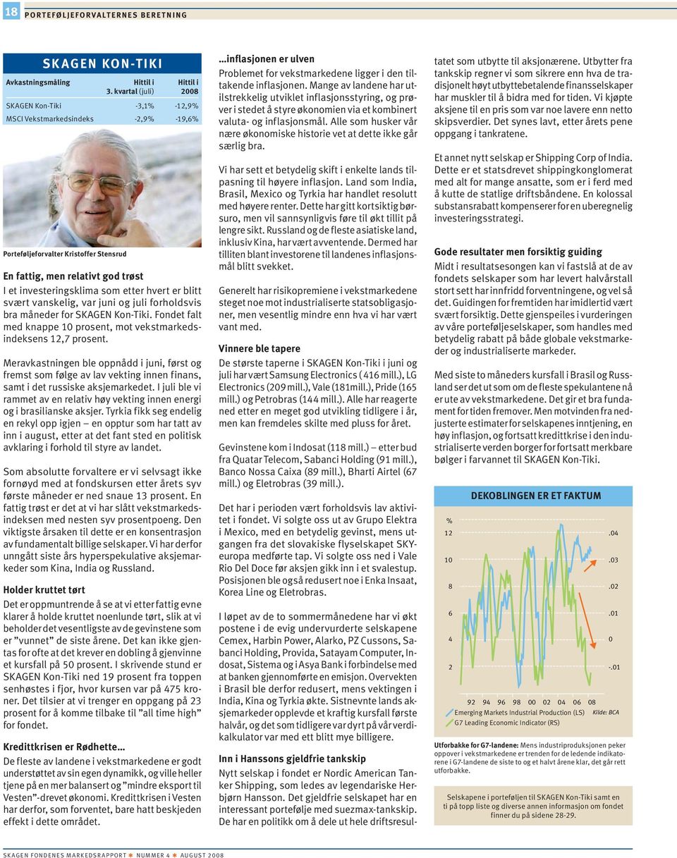 hvert er blitt svært vanskelig, var juni og juli forholdsvis bra måneder for SKAGEN Kon-Tiki. Fondet falt med knappe 1 prosent, mot vekstmarkedsindeksens 12,7 prosent.