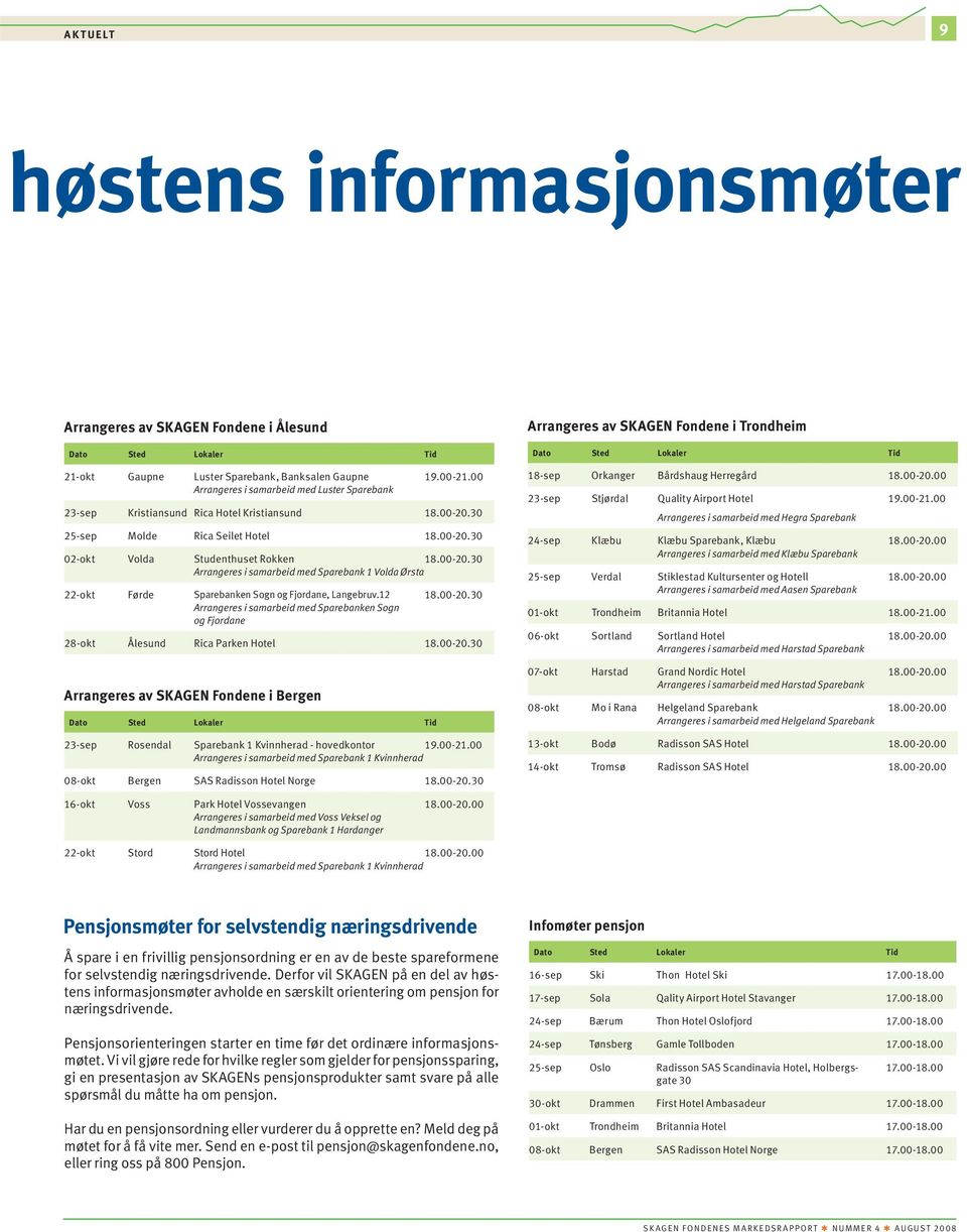 12 Arrangeres i samarbeid med Sparebanken Sogn og Fjordane 18.-2.3 28-okt Ålesund Rica Parken Hotel 18.-2.3 Arrangeres av SKAGEN Fondene i Trondheim Dato Sted Lokaler Tid 18-sep Orkanger Bårdshaug Herregård 18.