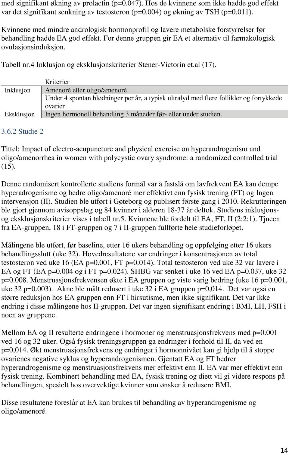 Tabell nr.4 Inklusjon og eksklusjonskriterier Stener-Victorin et.al (17).