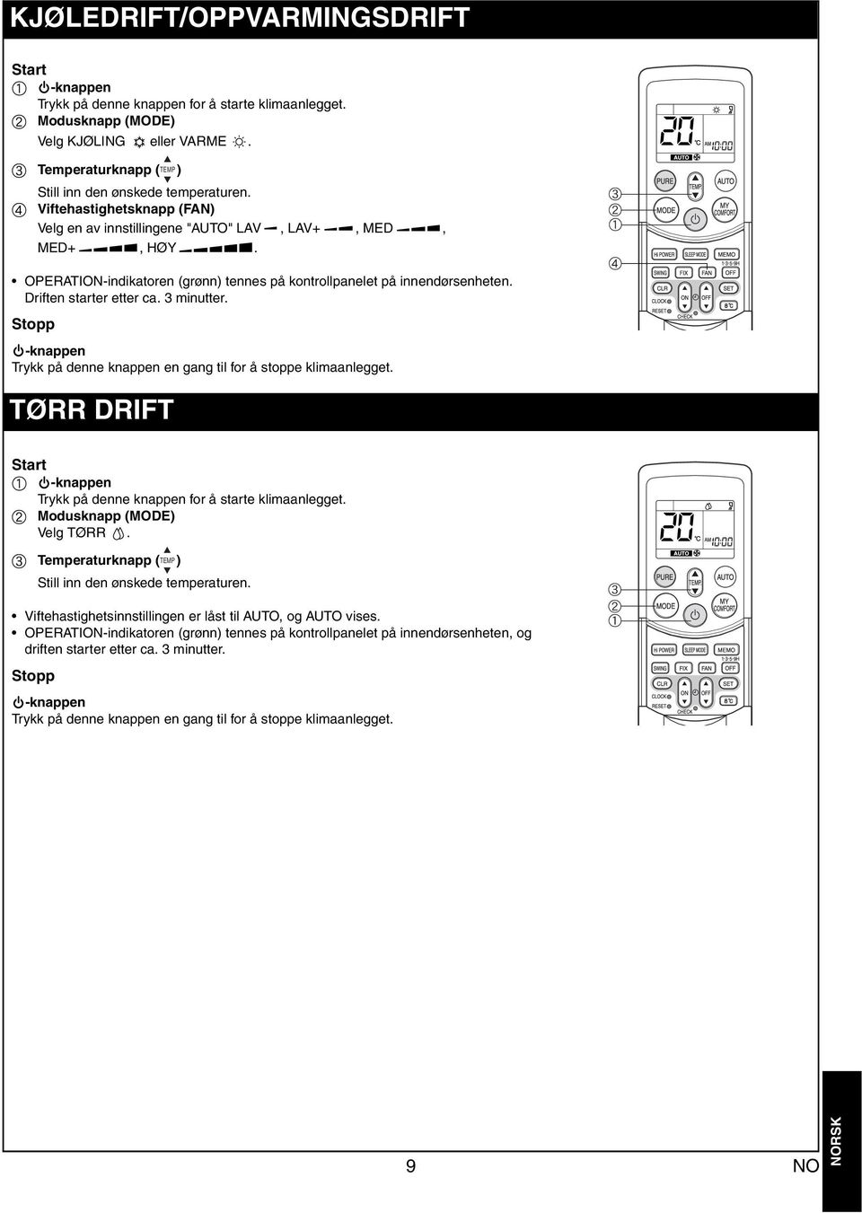 Stopp -knppen Trykk på denne knppen en gng til for å stoppe klimnlegget. c b d TØRR DRIFT Strt -knppen Trykk på denne knppen for å strte klimnlegget. b Modusknpp (MODE) Velg TØRR.