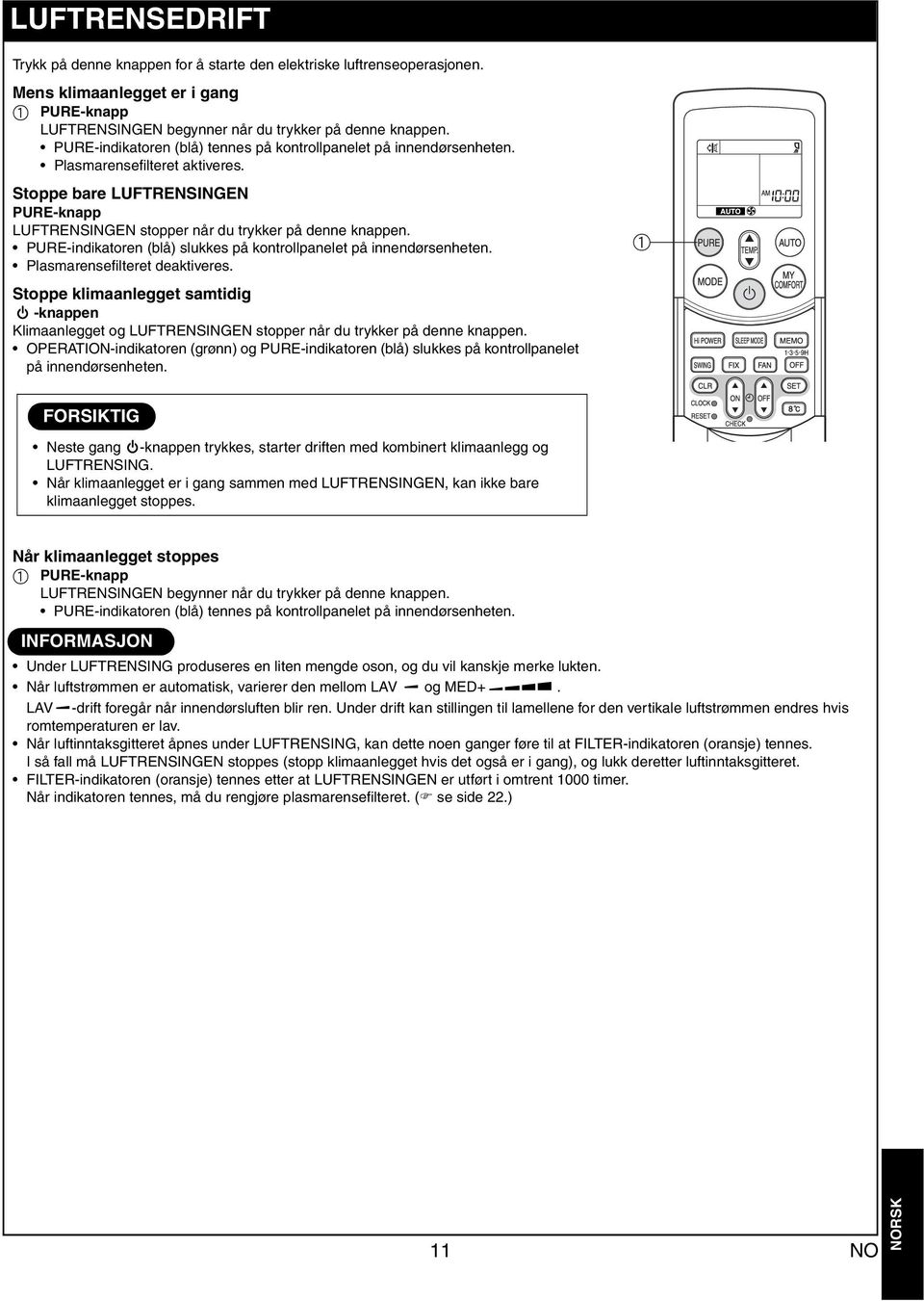 PURE-indiktoren (blå) slukkes på kontrollpnelet på innendørsenheten. Plsmrensefilteret dektiveres.