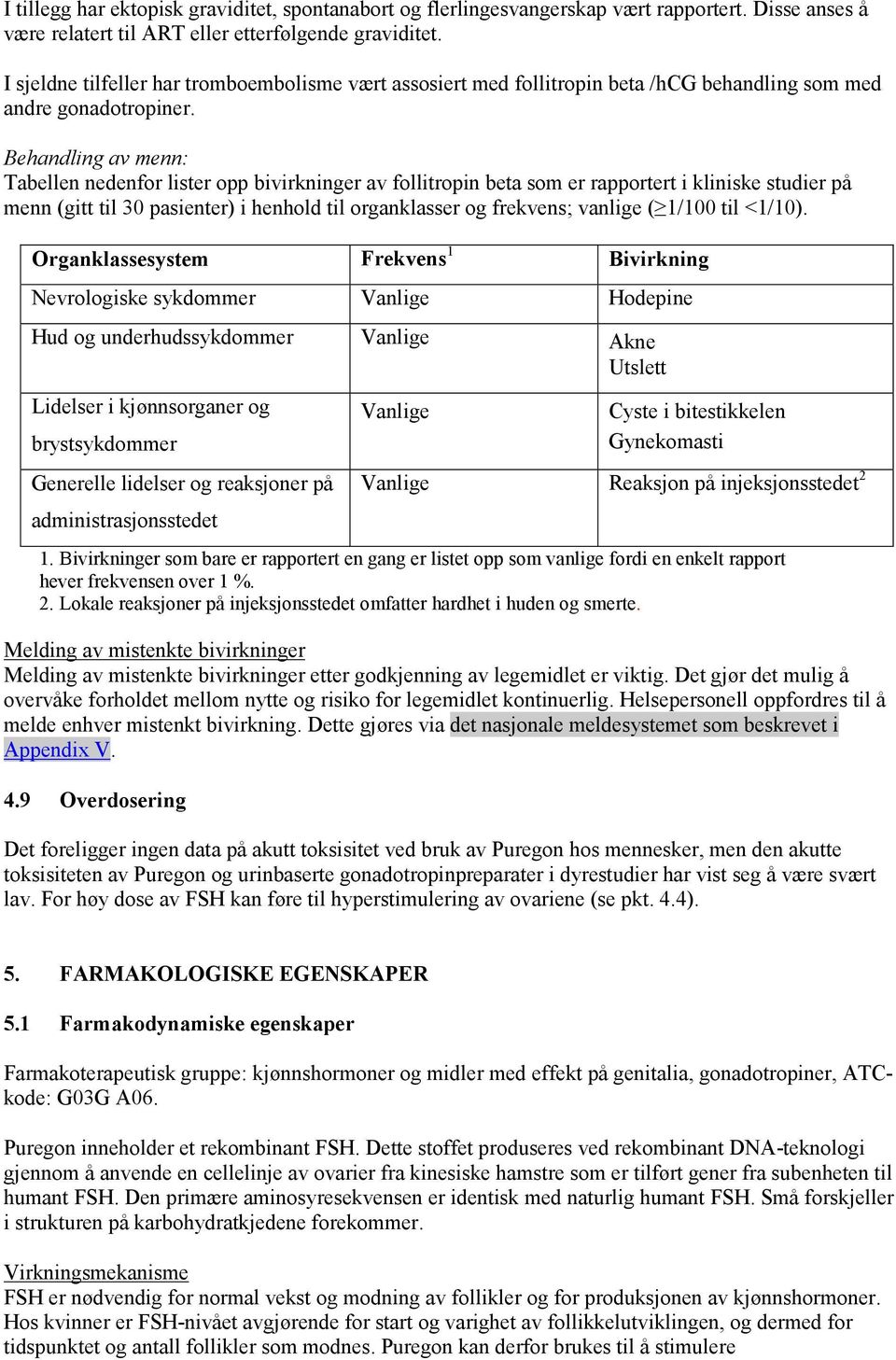 Behandling av menn: Tabellen nedenfor lister opp bivirkninger av follitropin beta som er rapportert i kliniske studier på menn (gitt til 30 pasienter) i henhold til organklasser og frekvens; vanlige