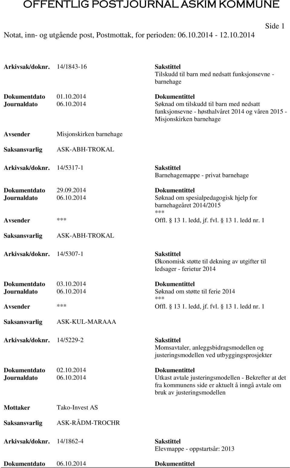 2014 Søknad om tilskudd til barn med nedsatt funksjonsevne - høsthalvåret 2014 og våren 2015 - Misjonskirken barnehage Misjonskirken barnehage ASK-ABH-TROKAL Arkivsak/doknr.