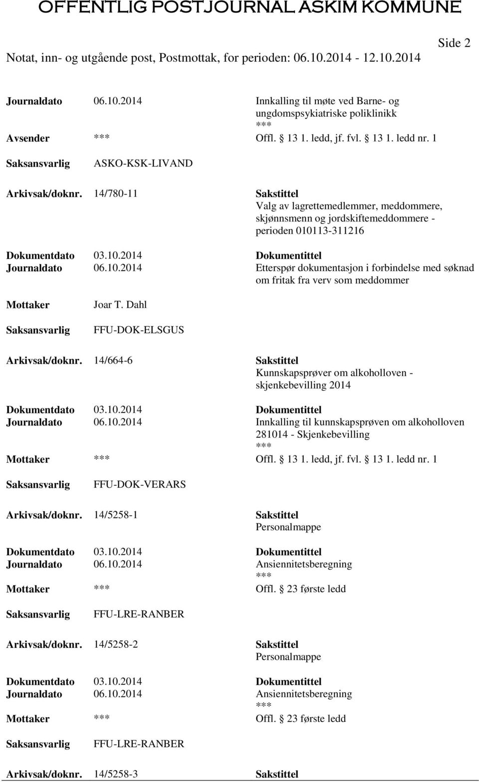 13-311216 Journaldato 06.10.2014 Etterspør dokumentasjon i forbindelse med søknad om fritak fra verv som meddommer Joar T. Dahl FFU-DOK-ELSGUS Arkivsak/doknr.